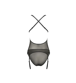 Корсет з декольте Passion ERZA CORSET , black, пажі, трусики, напівпрозорий