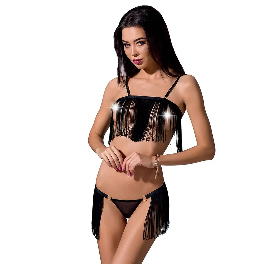 Комплект білизни Passion Exclusive KASSANDRA SET OpenBra , ліф з бахроми, трусики-спідниця