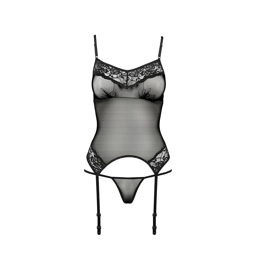 Корсет з пажами Passion MELANIA CORSET , black, трусики, напівпрозорий
