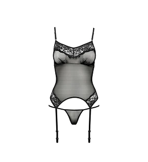 Корсет з пажами Passion MELANIA CORSET , black, трусики, напівпрозорий