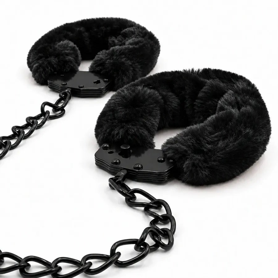 Металеві ножні кайданки WOW Fetish із чорним хутром і ланцюжком 45 см.