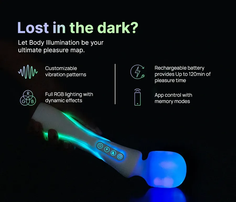 Мікрофон-вібратор із RGB-підсвічуванням і керуванням через застосунок Illumination The Wand, білий, 24,8 × 5,1 см.