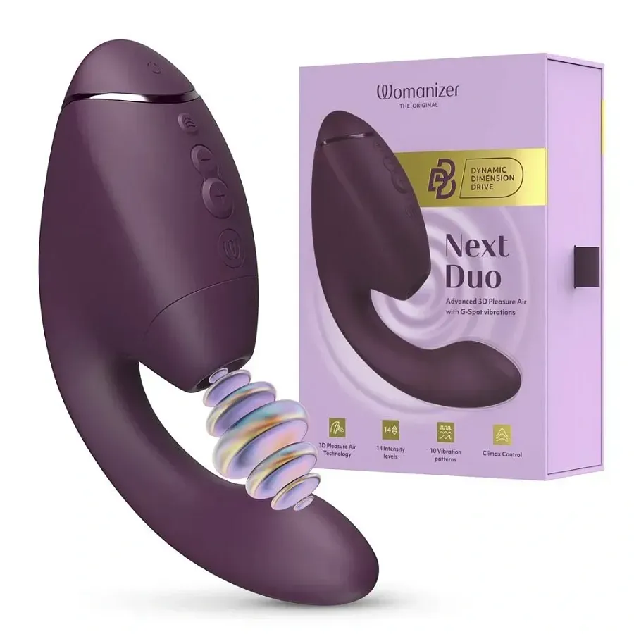 Українською: Вакуумний вібратор-стимулятор Womanizer Next Duo Dark Purple для точки G, фіолетовий.