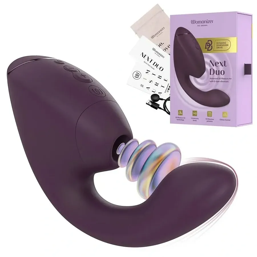 Українською: Вакуумний вібратор-стимулятор Womanizer Next Duo Dark Purple для точки G, фіолетовий.