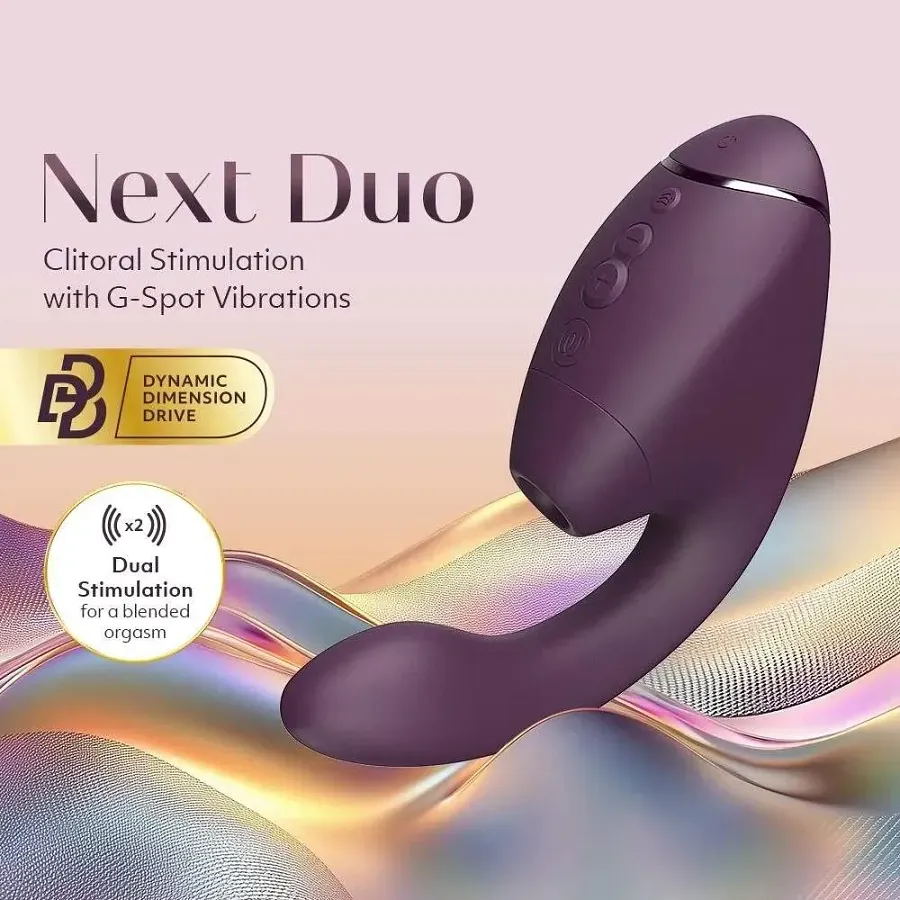 Українською: Вакуумний вібратор-стимулятор Womanizer Next Duo Dark Purple для точки G, фіолетовий.