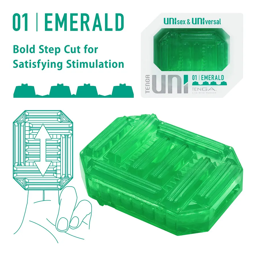 Унісекс-стимулятор Tenga UNI Emerald, зелений, з геометричним рельєфом, лубрикант у комплекті