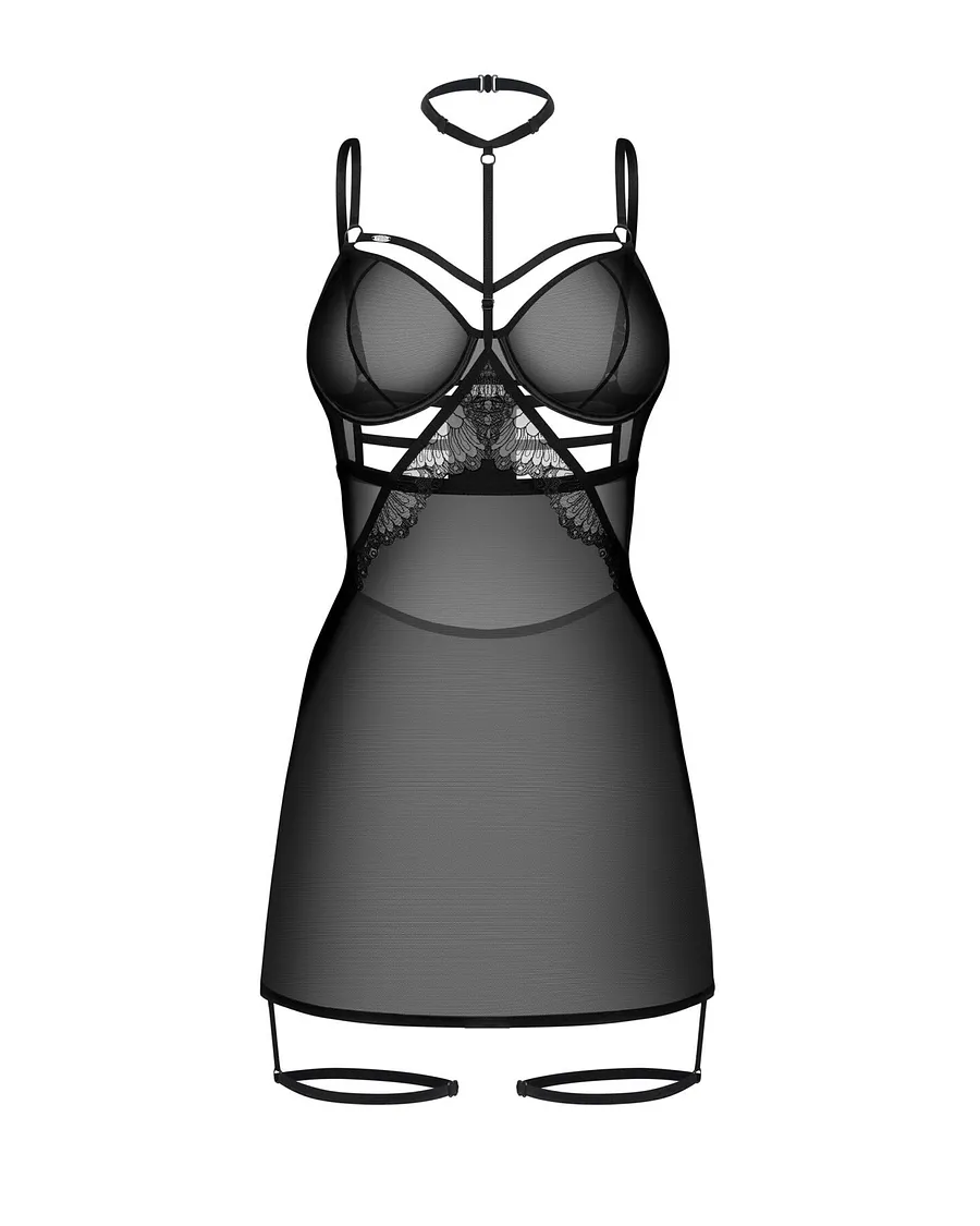 Бебі-дол Obsessive Arrowel Black chemise L/XL, з декоративним чокером та гартерами