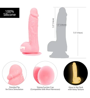 Фалоімітатор, що світиться у темряві, ADDICTION - BRANDON - 7.5 "- PINK G.I.D. / W PB, 19 см, силіко