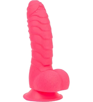 Ребристий фалоімітатор на присосці ADDICTION — Tom 7″ Dildo With Balls — Pink, віброкуля в подарунок