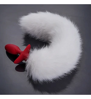 Анальна вібропробка з ротацією і пультом UPKO з білим натуральним лисячим хвостом, червона