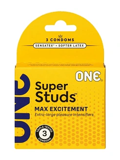 Презервативи ONE Super Studs, 3 шт, з точковим рельєфом, зі змазкою, паковання — картонна коробка