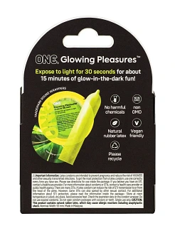 Презервативи ONE Glowing Pleasures, 3 шт, світяться в темряві, зі змазкою, картонне паковання