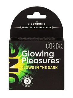 Презервативи ONE Glowing Pleasures, 3 шт, світяться в темряві, зі змазкою, картонне паковання