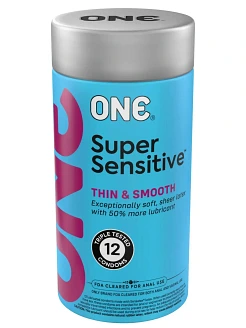 Презервативи ONE Super Sensitive, 12 шт, гладенькі, з додатковою змазкою, паковання-тубус