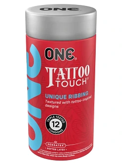 Презервативи ONE Tattoo Touch, 12 шт, рельєф у вигляді тату, 3 різновиди, подарункове паковання-тубус