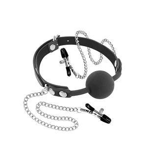 Кляп з силіконовою кулькою і затискачами для сосків Fetish Tentation Gag Ball with Nipple Clamps