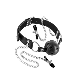 Повітропроникний кляп із затискачами для сосків Fetish Tentation Rigid Gag Ball with Nipple Clamps