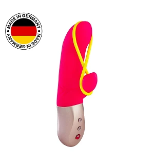 Мінівібратор-кролик зі стимулювальною стрічкою Fun Factory AMORINO pink/neon yellow, стрічка знімна