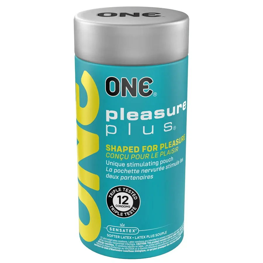 Презервативи ONE Pleasure Plus, 12 шт, з ребристою ділянкою на кінці, подарункове паковання-тубус