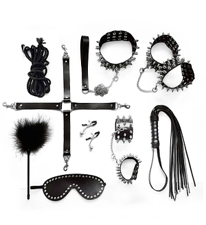 BDSM-набір Art of Sex – Spikes BDSM Set Leather, 10 предметів, чорний, натуральна шкіра