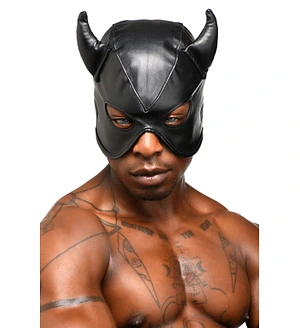 Маска з рогами Master Series: Dungeon Demon Bondage Mask with Horns, чорна