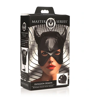 Маска з рогами Master Series: Dungeon Demon Bondage Mask with Horns, чорна