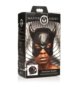 Маска з рогами Master Series: Dungeon Demon Bondage Mask with Horns, чорна