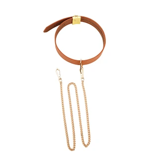 Нашийник з повідцем LOCKINK Tied Collar with Leash Set, коричневий, ланцюг зі шкіряною петлею та карабіном
