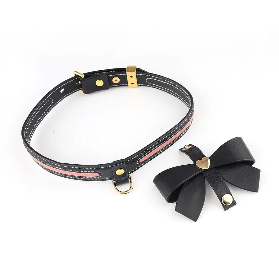 Нашийник з повідцем LOCKINK SEVANDA Love Heart Butterfly Leather Collar Set, чорно-рожевий, з бантом