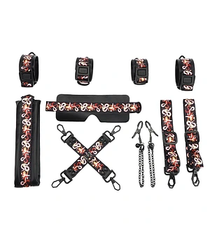 БДСМ-набір LOCKINK The Flowering Serpent Bondage Set, чорний, з малюнком у вигляді змій, 7 предметів