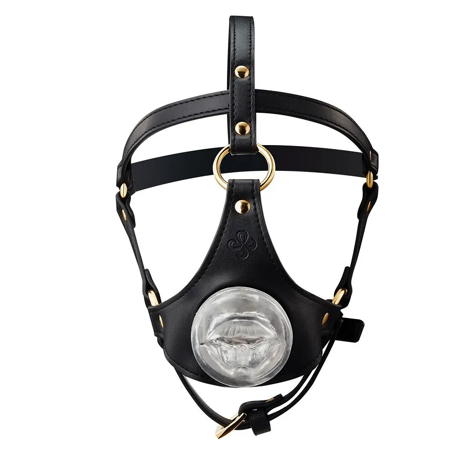 Маска-збруя для мінету LOCKINK SEVANDA Blowjob Head Harness, чорна, з м’якою вставкою у вигляді губ