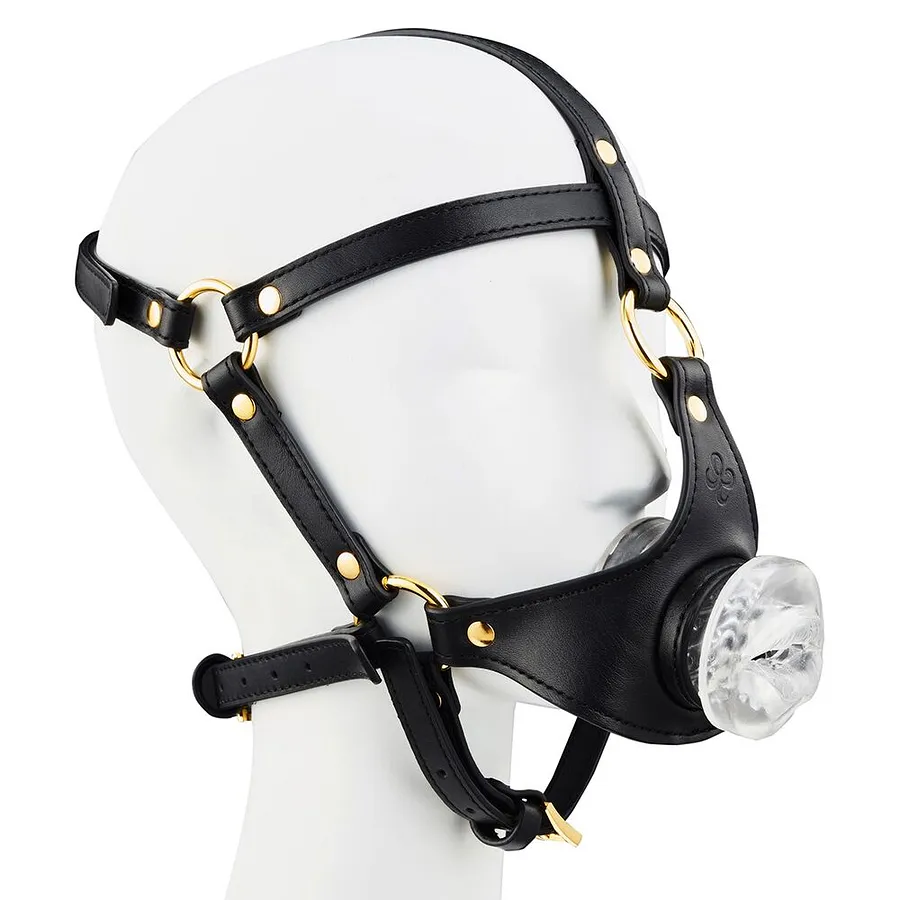 Маска-збруя для мінету LOCKINK SEVANDA Blowjob Head Harness, чорна, з м’якою вставкою у вигляді губ