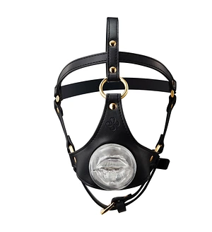 Маска-збруя для мінету LOCKINK SEVANDA Blowjob Head Harness, чорна, з м’якою вставкою у вигляді губ