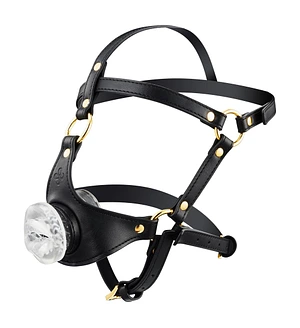 Маска-збруя для мінету LOCKINK SEVANDA Blowjob Head Harness, чорна, з м’якою вставкою у вигляді губ