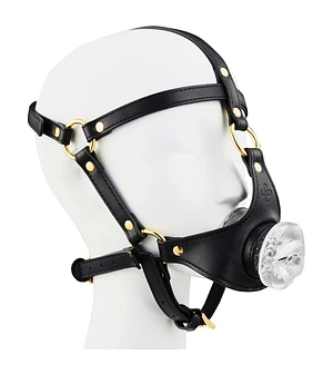 Маска-збруя для мінету LOCKINK SEVANDA Blowjob Head Harness, чорна, з м’якою вставкою у вигляді губ