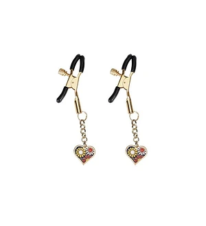 Затискачі для сосків з підвіскою Liebe Seele Nipple Clamps Gold Heart-shaped Flowers on Blue