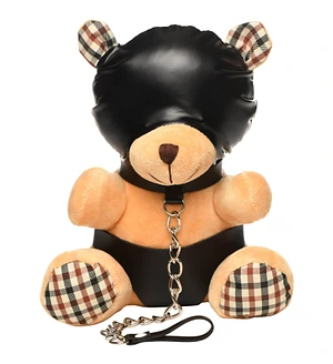 Плюшевий ведмедик HOODED Teddy Bear БДСМ у шкіряному капюшоні з повідцем, 23x16x12 см