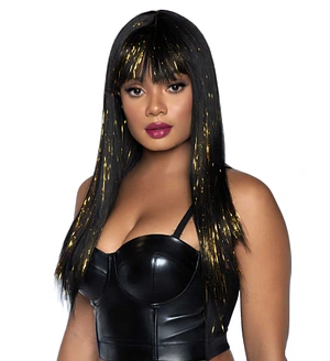 Чорна перука із золотими пасмами Leg Avenue Long bang wig with tinsel, 60 см