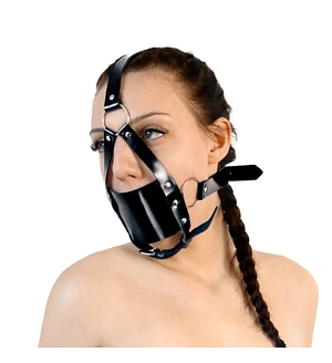 Кляп-маска з пластиковою кулею Art of Sex - Slave, Натуральна шкіра, колір Чорний