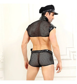 Чоловічий еротичний костюм поліцейського "Суворий Альфред" One Size Black: топ, боксери, кашкет, нар